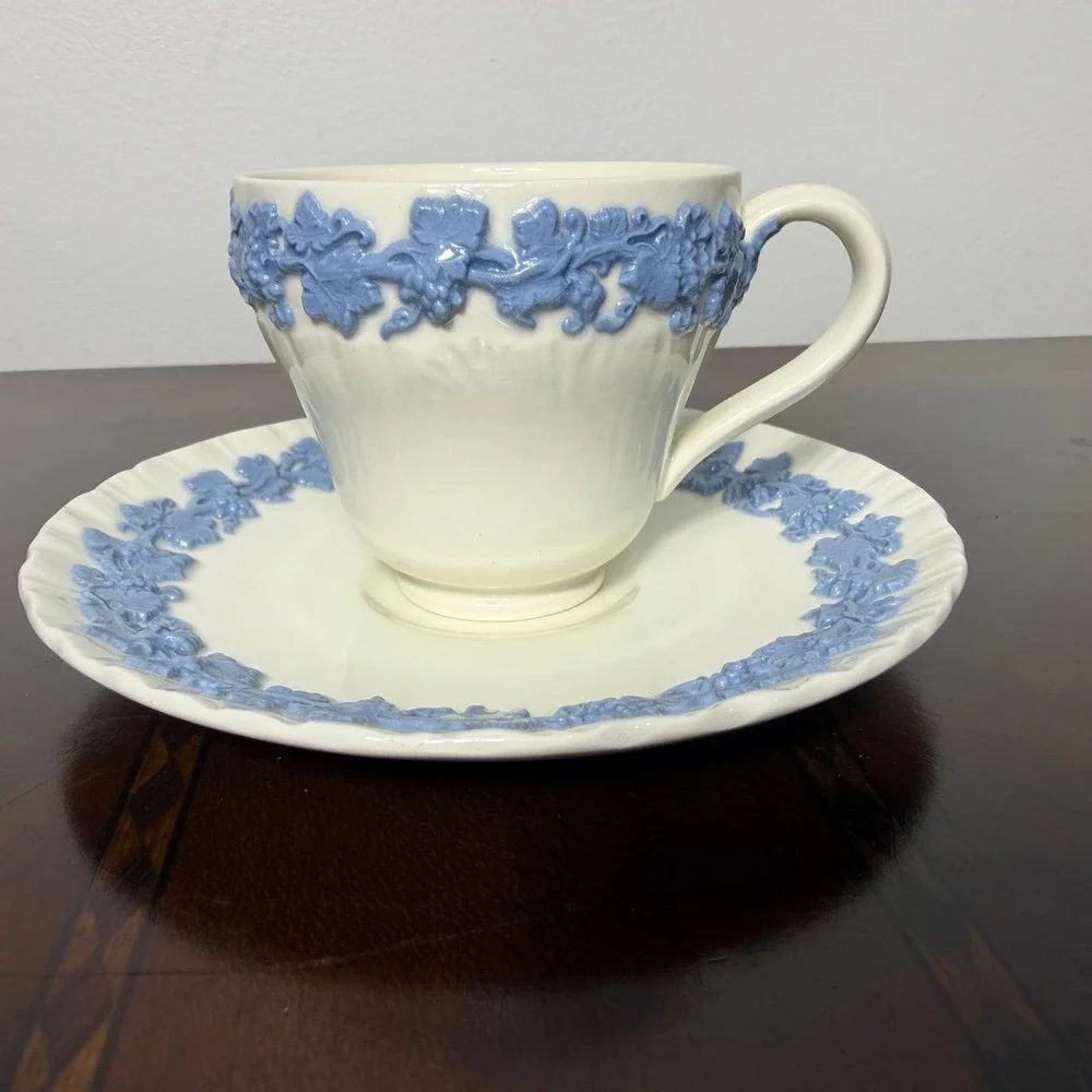 Vintage Wedgwood Queensware Blue Grapevine Tea Cup Saucer Grandmillennial Decor